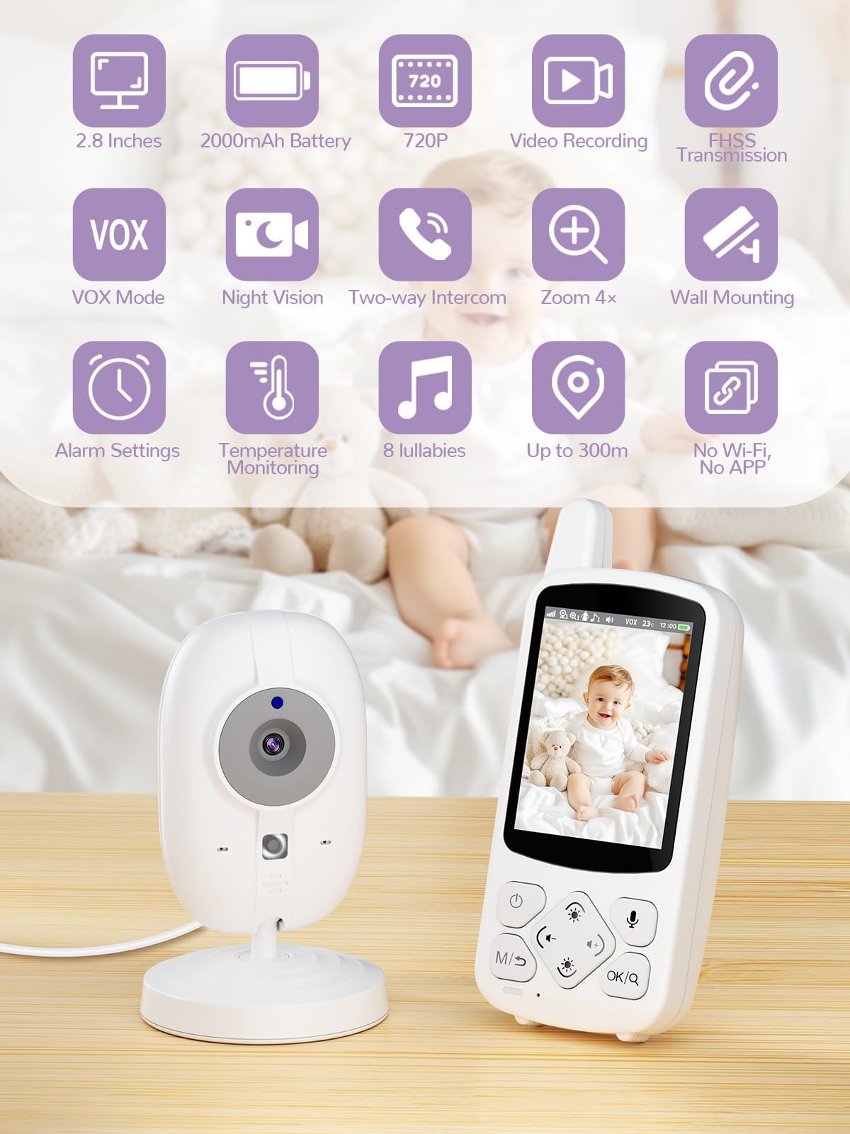 VSIFEHSO Babyphone mit Kamera 2,8 Zoll Baby Monitor 720p Baby Phone Digitalzoom Zwei-Wege-Audio VOX-Modus Nachtsicht Temperaturüberwachung Schlaflied Wecker