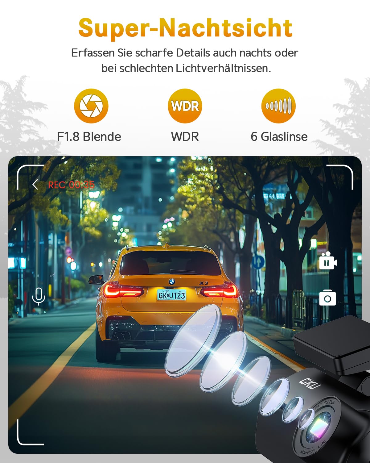 GKU 4K Dashcam Auto,dashcam Auto vorne, Auto Kamera mit integriertem WLAN,170° Weitwinkel,Nachtsicht,WDR,24H Parküberwachung,Loop-Aufnahme,G-Sensor,Dash cam Vorne inklusive 64GB SD Karte