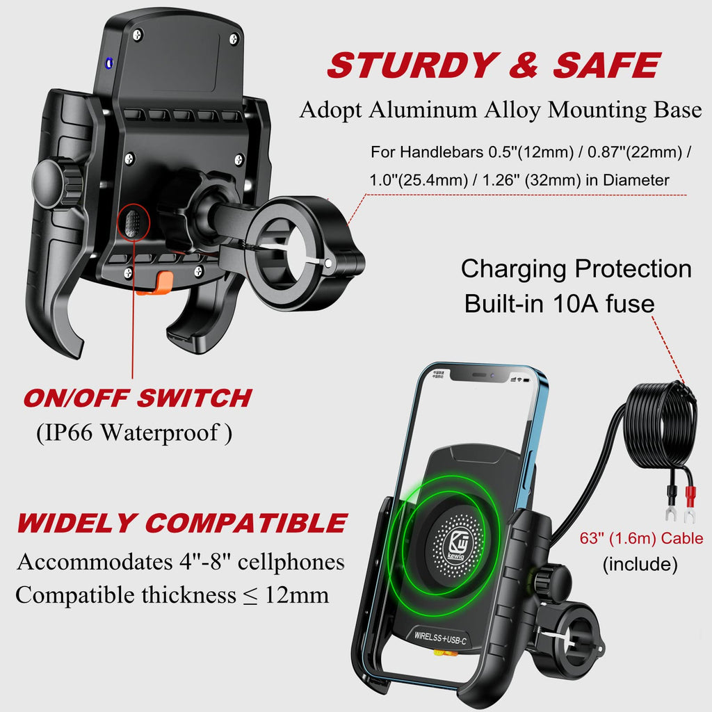 BRCOVAN Motorrad Handyhalterung mit Qi 15W kabellosem Ladegerät und USB-C 20W Ladeanschluss, 360 Drehung Outdoor Lenker Handy Halterung für 4-8 Zoll Smartphones