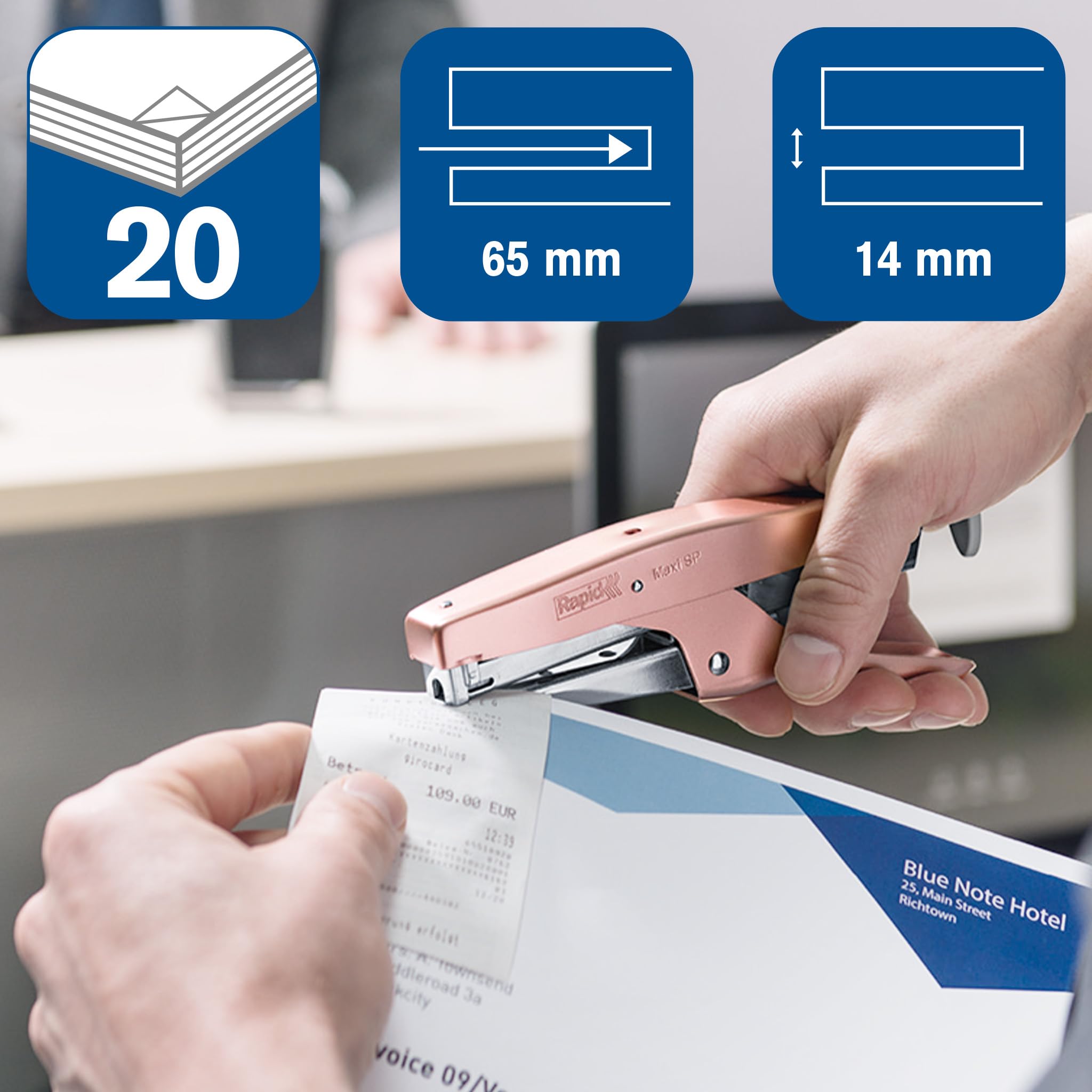 Rapid Maxi SP19 Heftzange, 20 Blatt Kapazität, verwendet SP19 Heftklammern, ergonomisches Design, inklusive Heftklammern, Metall, rosa, 5001084