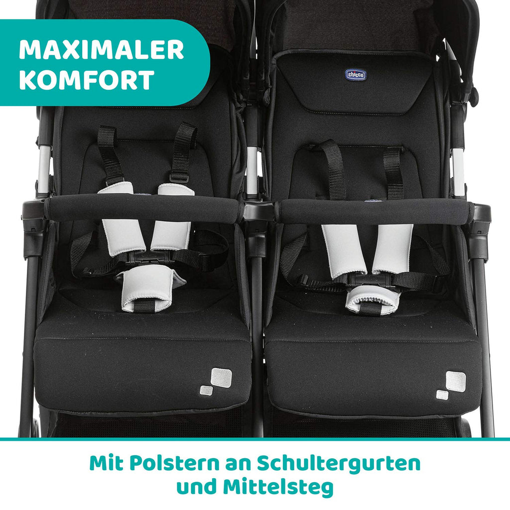 Chicco OHlalà Twin Geschwisterwagen von Geburt bis 15 kg, Kinderwagen für Zwillinge und Geschwister, Verstellbarer Faltbarer Zwillingsbuggy, Regenschutz und Ausziehbares Verdeck
