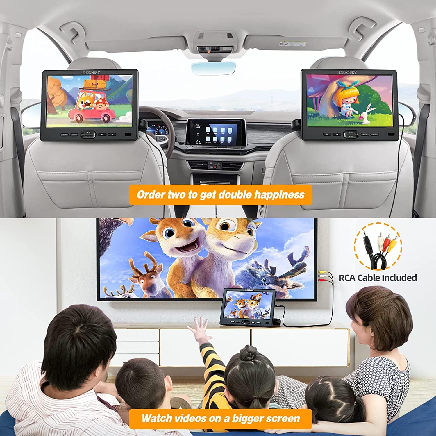 DESOBRY 10,5 Zoll Auto DVD Player mit Kopfstützenhalterung, tragbarer DVD-Player für Auto mit Kopfhörer, Disc-Eingang mit Saugnapf, Unterstützung von 1080P-Video, HDMI-Eingang, USB/SD-Kartenleser