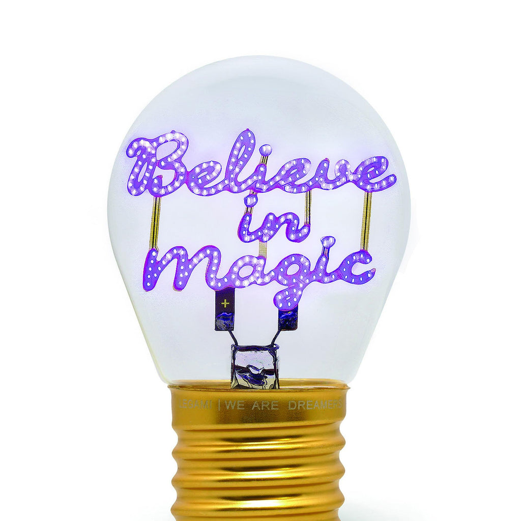 Legami - Glühbirnenförmige Tischlampe, wiederaufladbar mit USB Kabel, kabellos, Glühbirnen Fiktion, Believe in Magic Thema, 6,8 x 10,3 cm