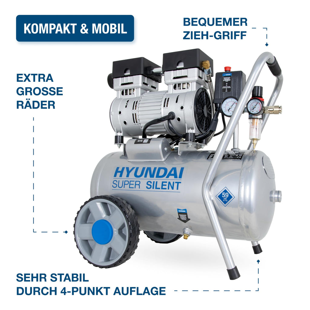 HYUNDAI Silent Kompressor SAC55752 | 24L Kessel, 8bar, ölfrei | 0.75kW / 1.0PS | Ansaugleistung 125 L/Min | Öl-Wasserabscheider | 59dB Luftkompressor leise, Flüster-Kompressor