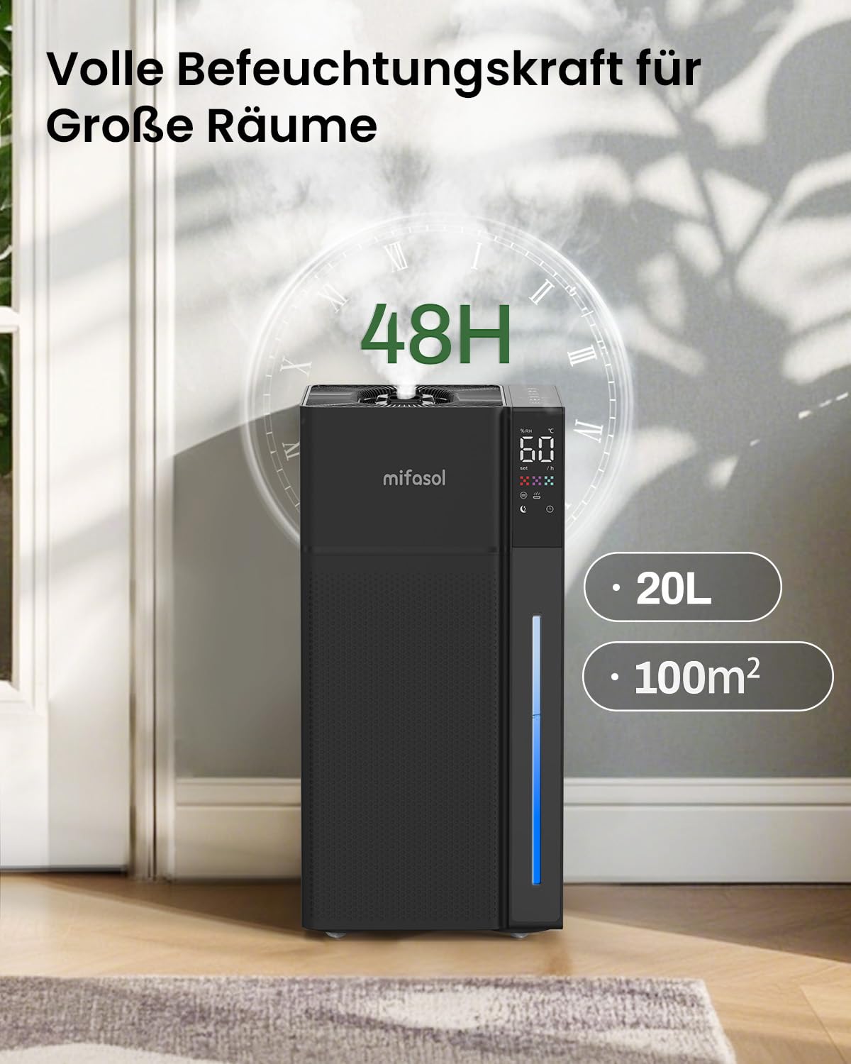 Luftbefeuchter Große Räume 20L, Warm&Kalter Nebel Humidifier bis 100 m² Zuhause Raumbefeuchter, 360° Doppeldüsen Ultraschall Luftbefeuchter, Schlafzimmer/Wohnzimmer/Büro/Pflanzen/kommerzielle, Schwarz
