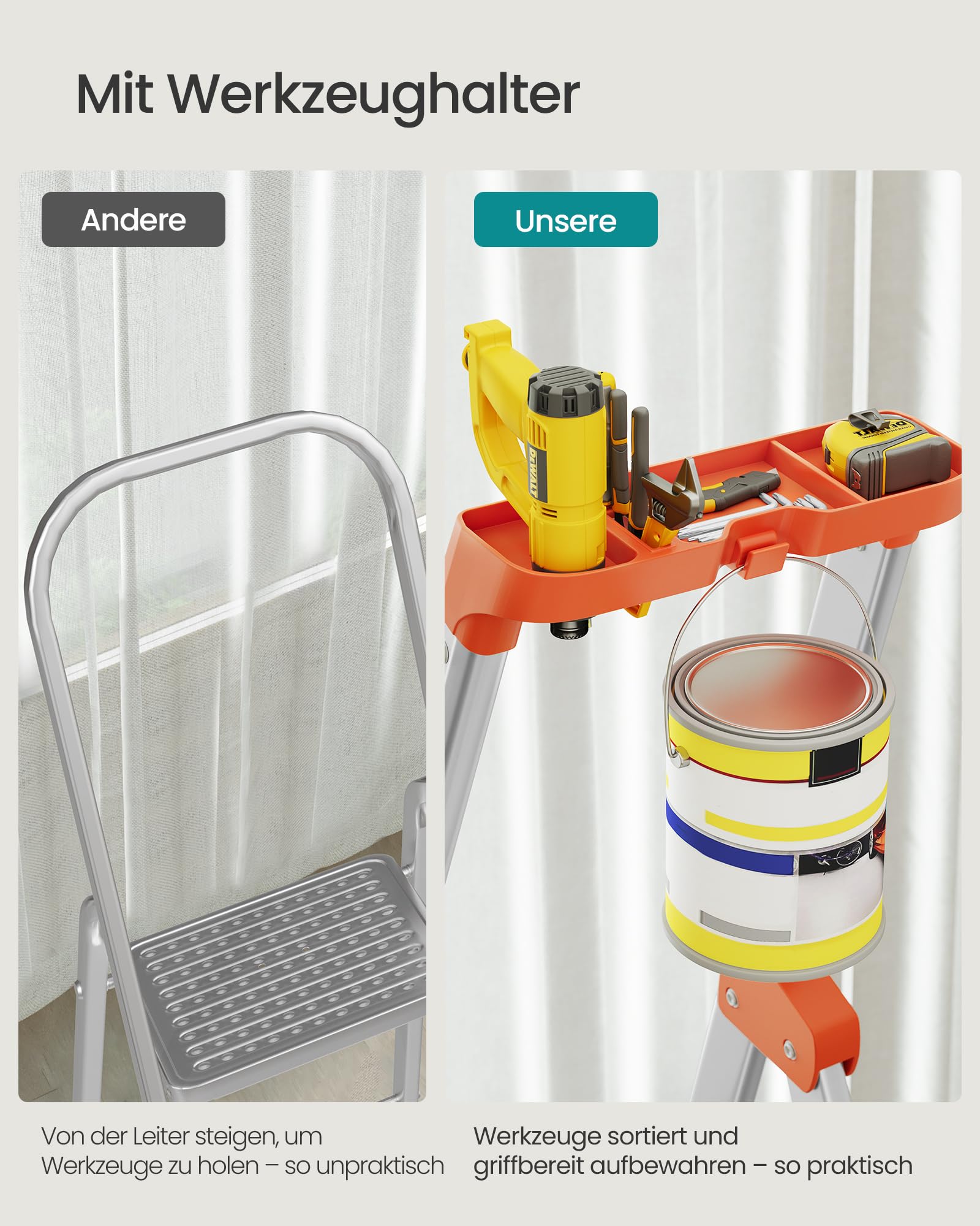 SONGMICS Leiter mit 6 Stufen, Aluleiter, 12 cm breite Stufen mit Riffelung, Anti-Rutsch-Füße, mit Handlauf, Werkzeugschale, bis 150 kg belastbar, schwarz-orange GLT06BK