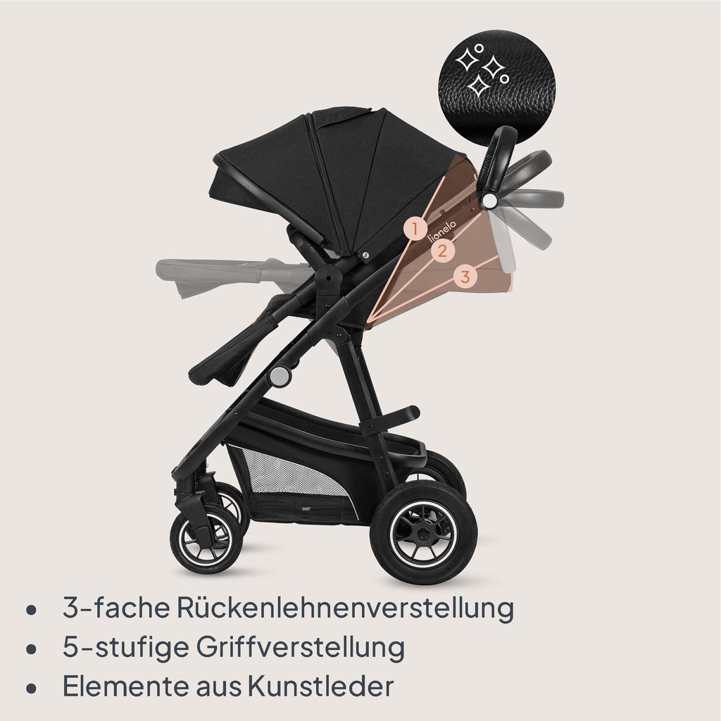 LIONELO BIANKA Kinderwagen 3 in 1 bis 22 kg Babywanne Autositz, Zusammenlegbar, Reise-System, Einstellung der Rückenlehne, Räder 360 Stoßdämpfer, Verdeck XXL