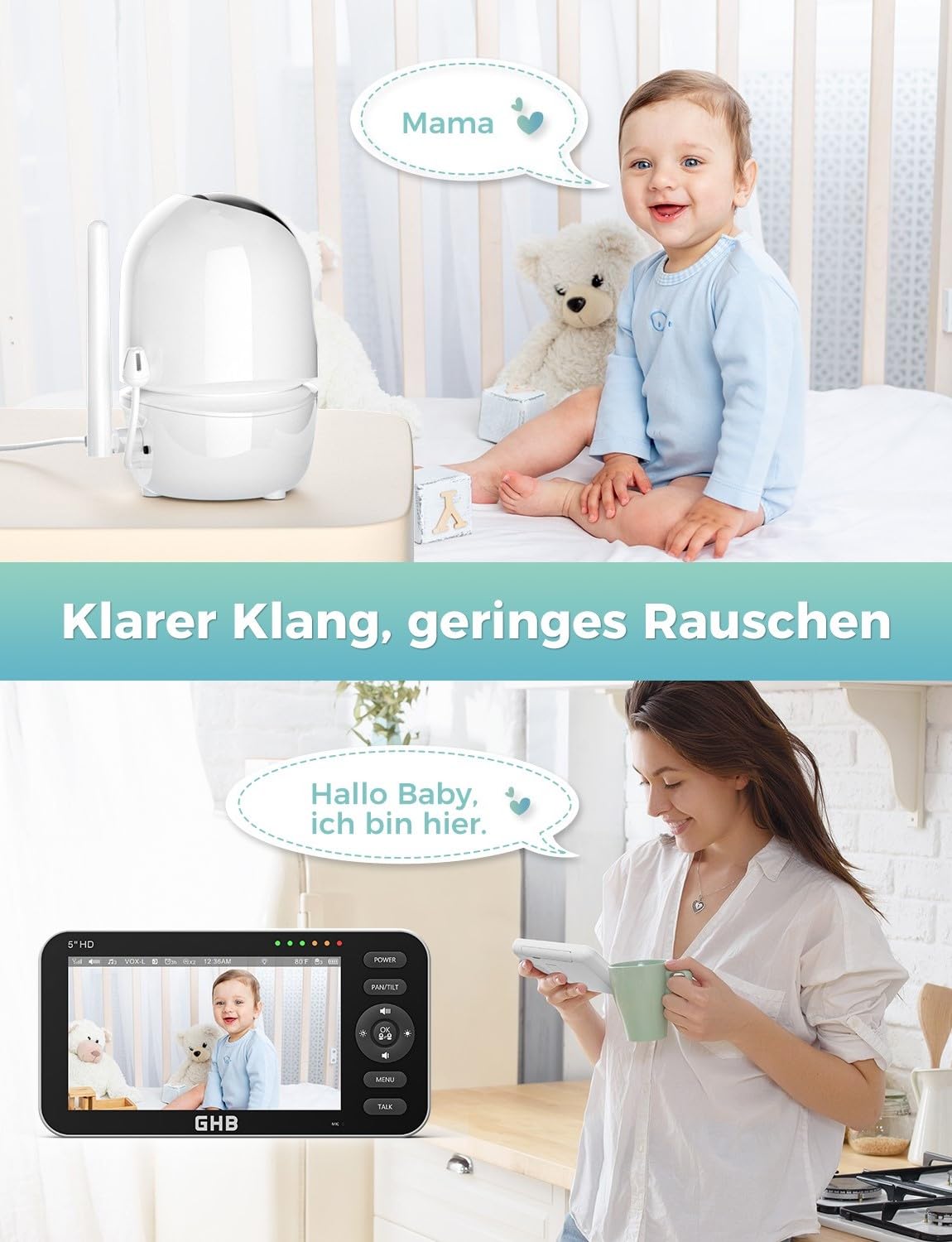 GHB Babyphone mit Kamera 5 Zoll 720P HD Display mit bis zu 168h Akkulaufzeit im VOX Schlafmodus Gegensprechen Nachtsicht und Temperaturanzeige
