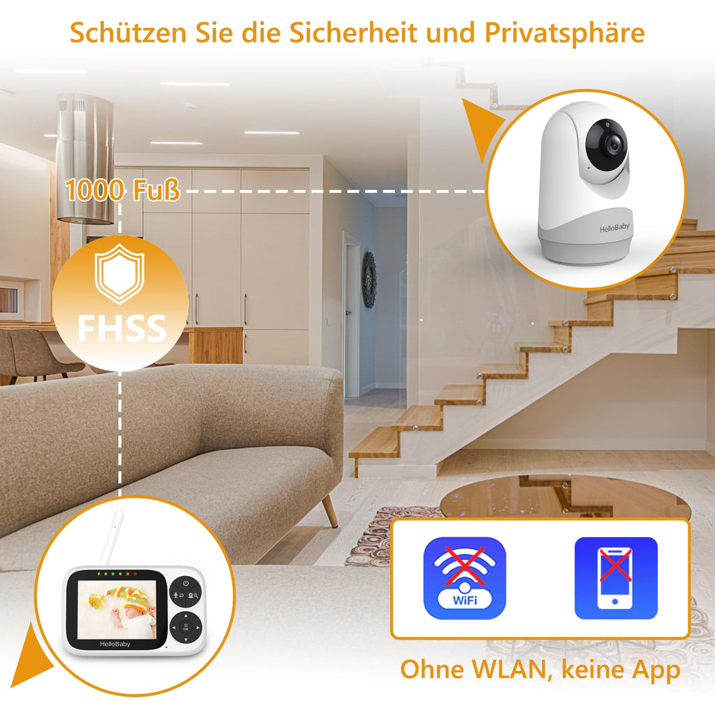 HelloBaby Babyphone mit Kamera, 3,2-Zoll-IPS-Bildschirm, Nachtsicht, Babyphone ohne WLAN, Schwenken, Neigen Zoomen Temperaturüberwachung, 2-Wege-Audio, Schlaflied, Alarm
