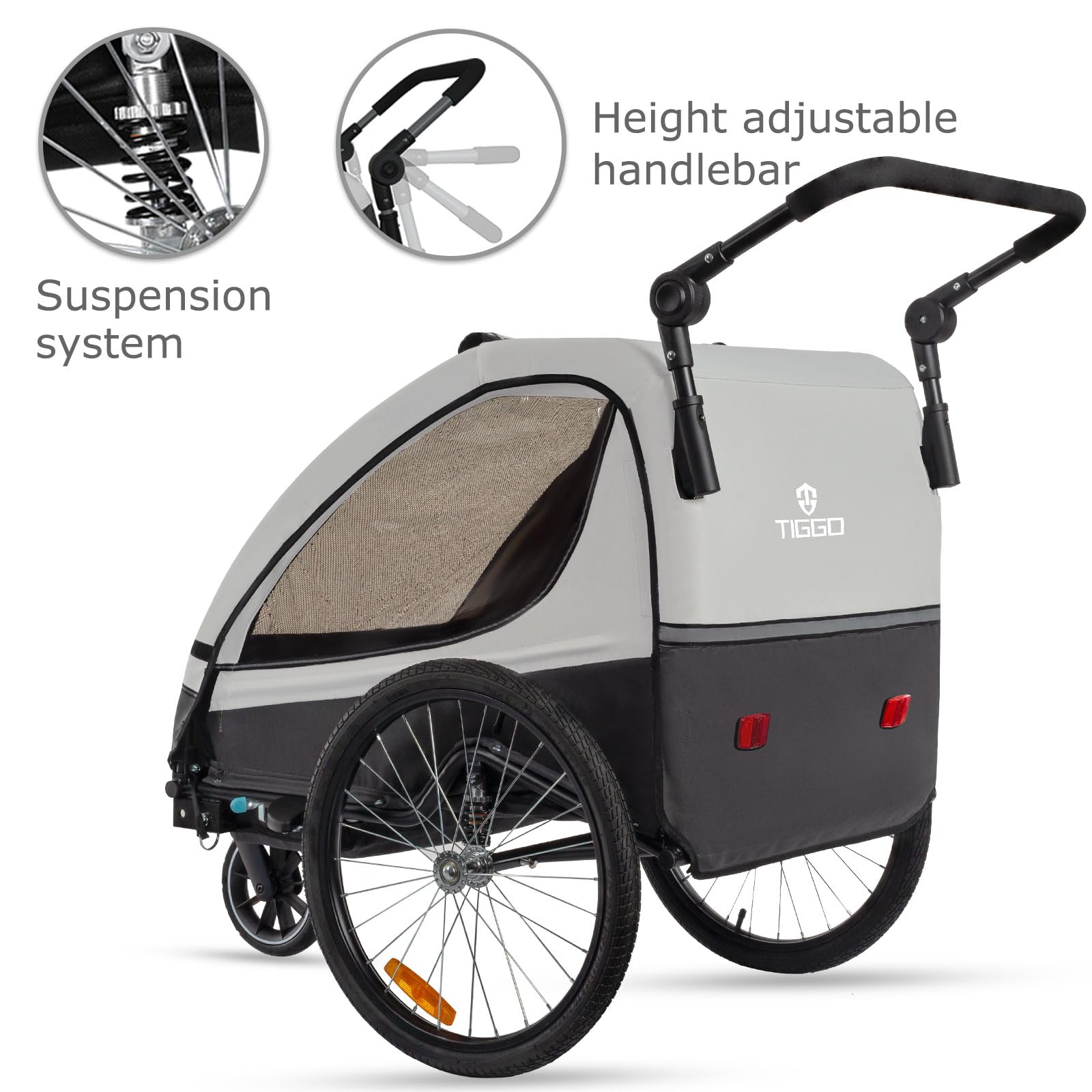 Tiggo VS Kinderanhänger 360° Drehbar mit Federung 2in1 Fahrradanhänger mit Buggy Set Jogger 5-Punkt Gurt Fahrrad Anhänger für 1 bis 2 Kinder max. 40kg (Grau)