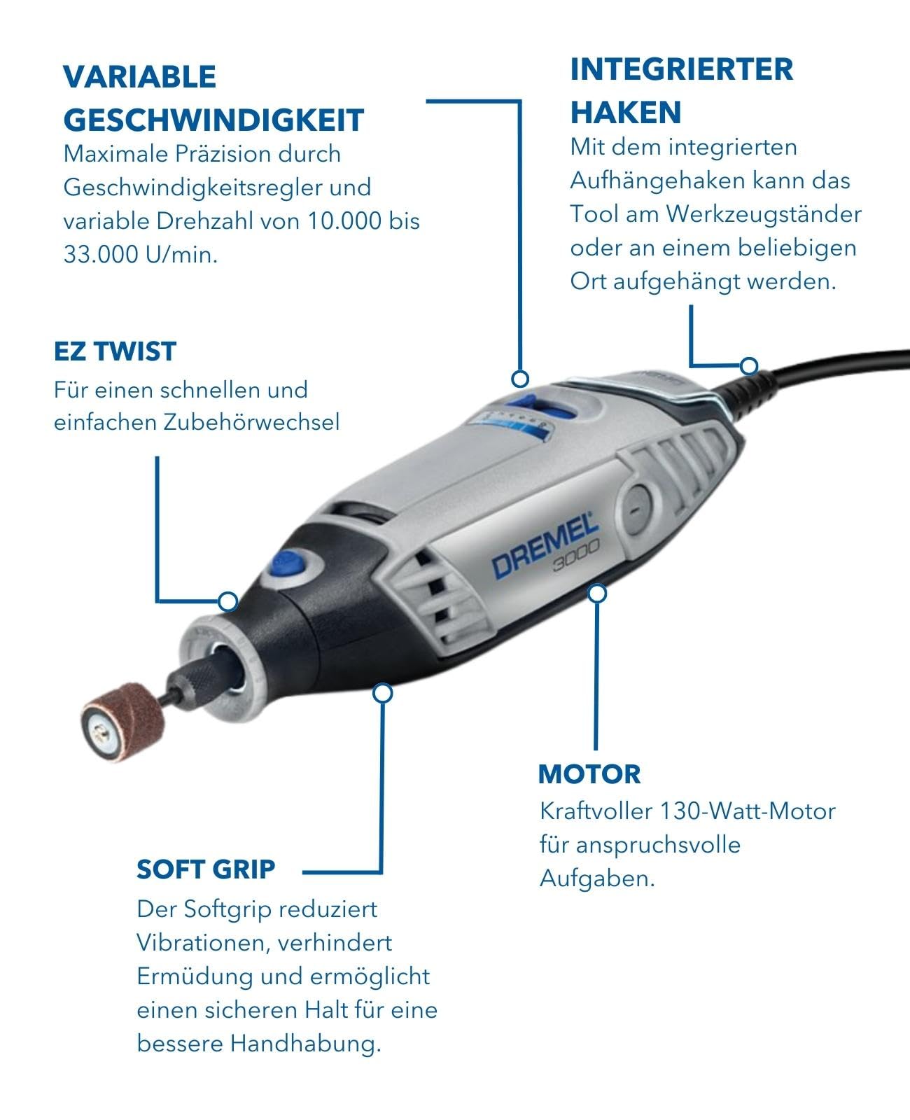 Dremel 3000 Multifunktionswerkzeug 130W, Set mit 5 Zubehörteilen, Variable Drehzal 10.000-33.000 U/min zum Schneiden, Schleifen, Gravieren, Polieren, Schärfen, Reinigen, Schnitzen, F0133000JU