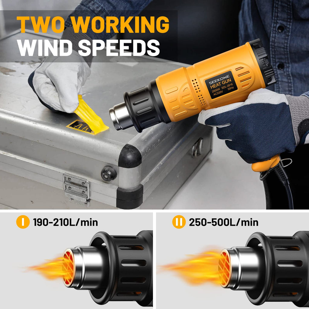 SEEKONE Heißluftpistole Kit mit Werkzeugkoffer, Heißluftgebläse mit Überlastschutz (2000W, 5 Düsen, 2 Schaber, Variable Temperaturbereich 50-600°C|190-500L/min) zum Schrumpfen, Entlacken