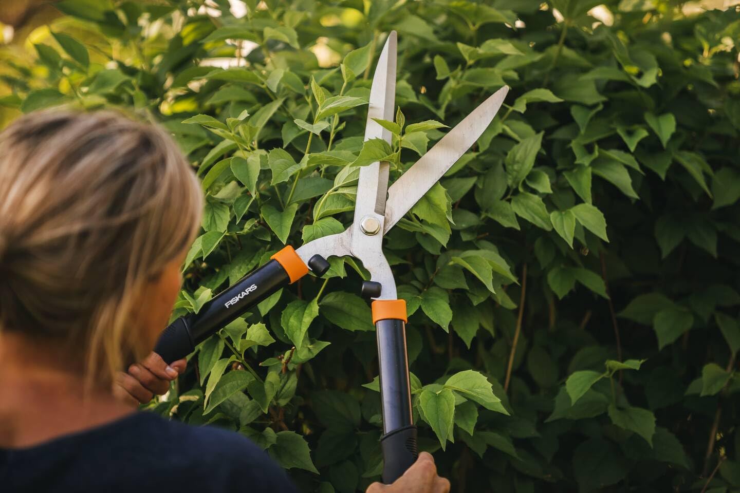 Fiskars Heckenschere HS21, Für Form- und Rückschnitt von Hecken und Büschen, Länge 59 cm, Gehärtete Stahl-Klingen/Soft-Touch Kunststoff-Griff, Schwarz/Orange, Solid, 1026827