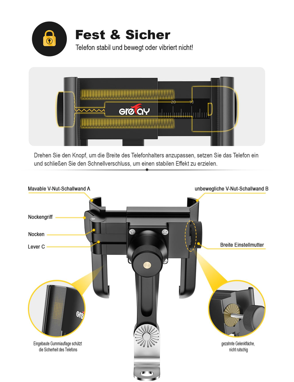 Grefay Handyhalter für Fahrrad und Motorrad, 1-Sekunden-Schnellverschluss. Anti-Shake Halterung für 4,0–7,0 Zoll große Smartphones, für Motorrad Spiegel, um 360° drehbar