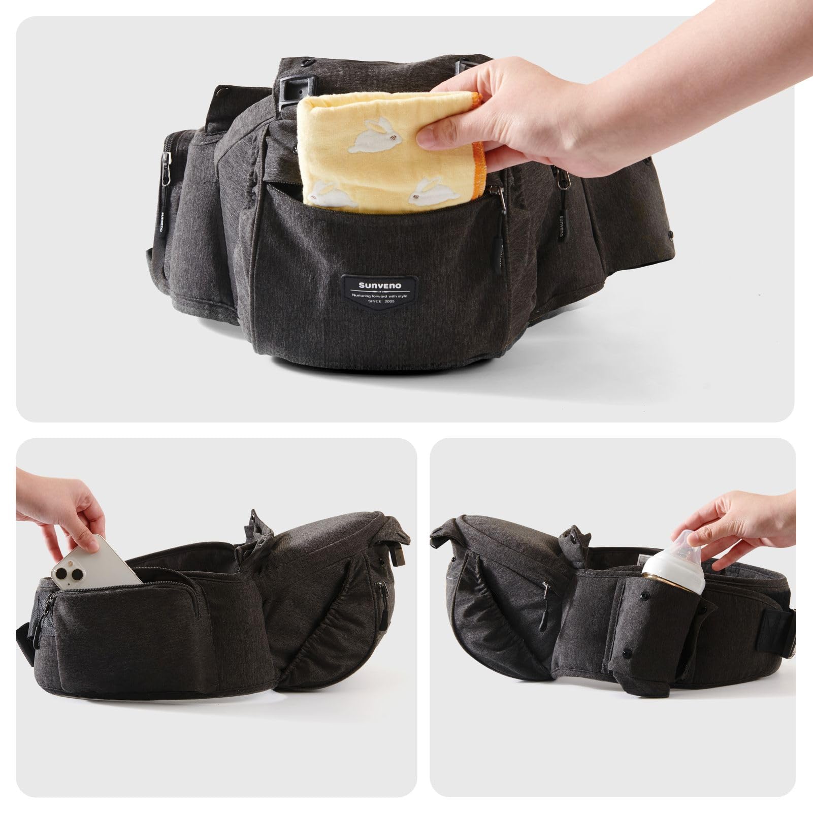 SUNVENO Babytrage Ergonomisch，Baby Carrier mit Abnehmbarer Kapuze, Hüftsitz baby mit Speicheltuch, 3in1 Babybauchtragen für Baby 3-36 Monate, Babyrückentragen 0-20Kg (Schwarz)