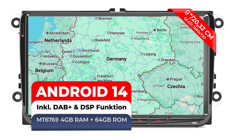 M.I.C. AV9-L3 Android 14 Autoradio mit navi: MediaTek MT6769V 4G+64G;9" QLED Display;4G SIM,Carplay,Android Auto,DAB+,Bluetooth 5,WiFi,GPS: Ersatz für VW Golf T5 Touran Passat RNS RCD,Skoda,SEAT