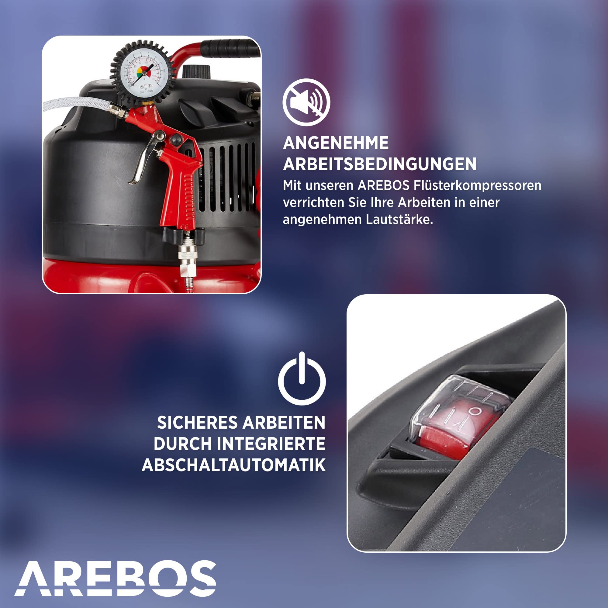 Arebos 30L Druckluftkompressor Kompressor stehend 1500 W | inkl. 13-tlg. Druckluft-Werkzeug-Set | Wartungsarm | Abschaltautomatik | Extra langer Luftschlauch | ölfrei | Luftkompressor 10 bar