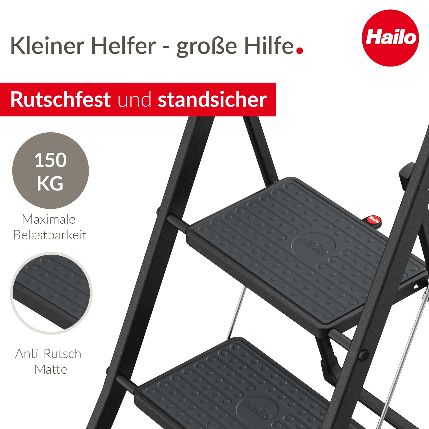 Hailo K44 StandardLine Klapptritt - 2-stufige Trittleiter aus Stahl mit großen Stufen und Anti-Rutsch-Matten - Arbeitshöhe bis 2,46 m - Gewicht: 4,8 kg - Schwarz