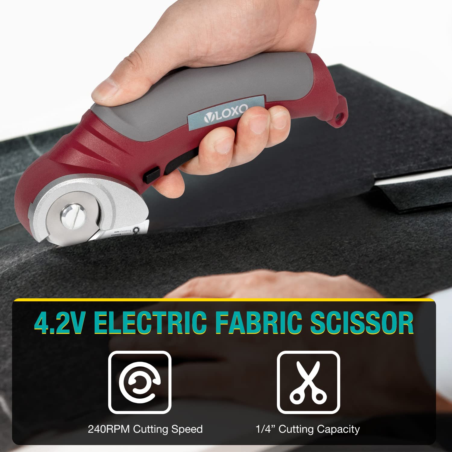 VLOXO Elektrische Schere, Kabellose Kartonschneider mit Sicherheitssperre 4.2V Universalschneider Wiederaufladbarer Leistungsstarker Akkuschere für Stoff Teppich Leder Filz inkl. Aufbewahrungsbox