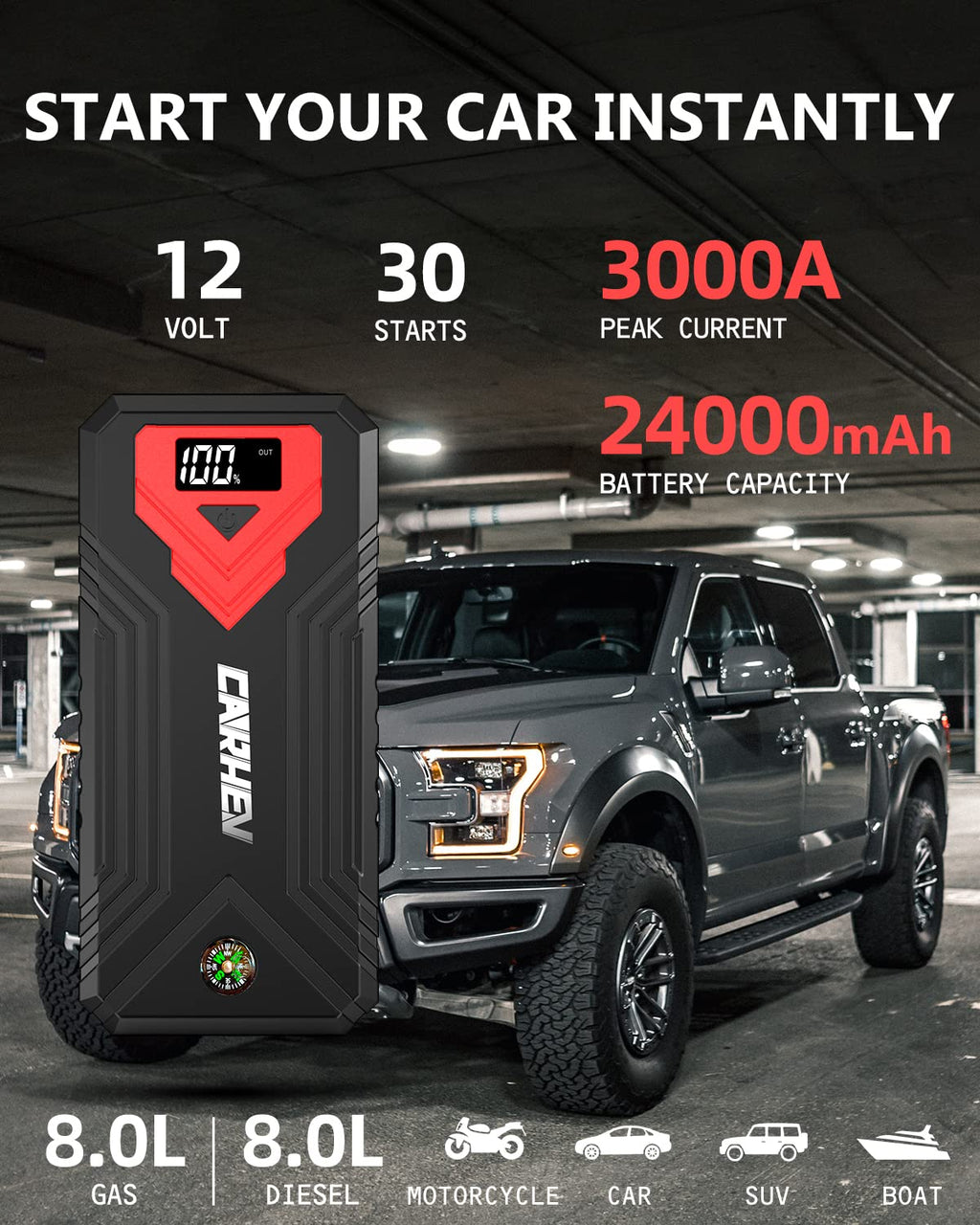 CARHEV Starthilfe Powerbank für pkw, 3000A Spitzenstrom Auto Starthilfe Powerbank mit LCD Display für bis zu 8L Benzin und 8L Dieselmotor, 12V Jump Starter mit USB Schnellladung und LED Taschenlampe