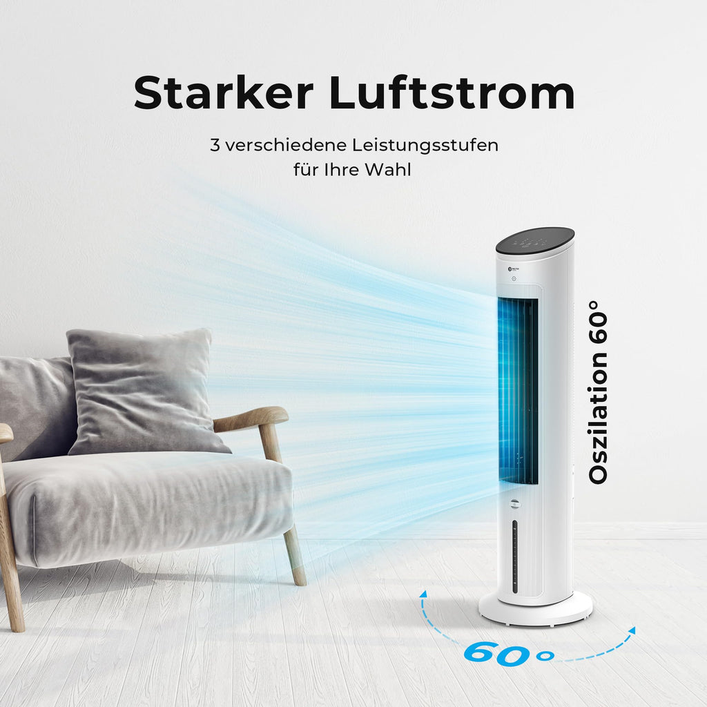 Balter VT-09-WH 5in1 Turmventilator, Ventilator mit Wasserkühlung, Luftkühler, Luftbefeuchter, Luftreiniger, Ionisator, Fernbedienung, Timer, 4L, 55W