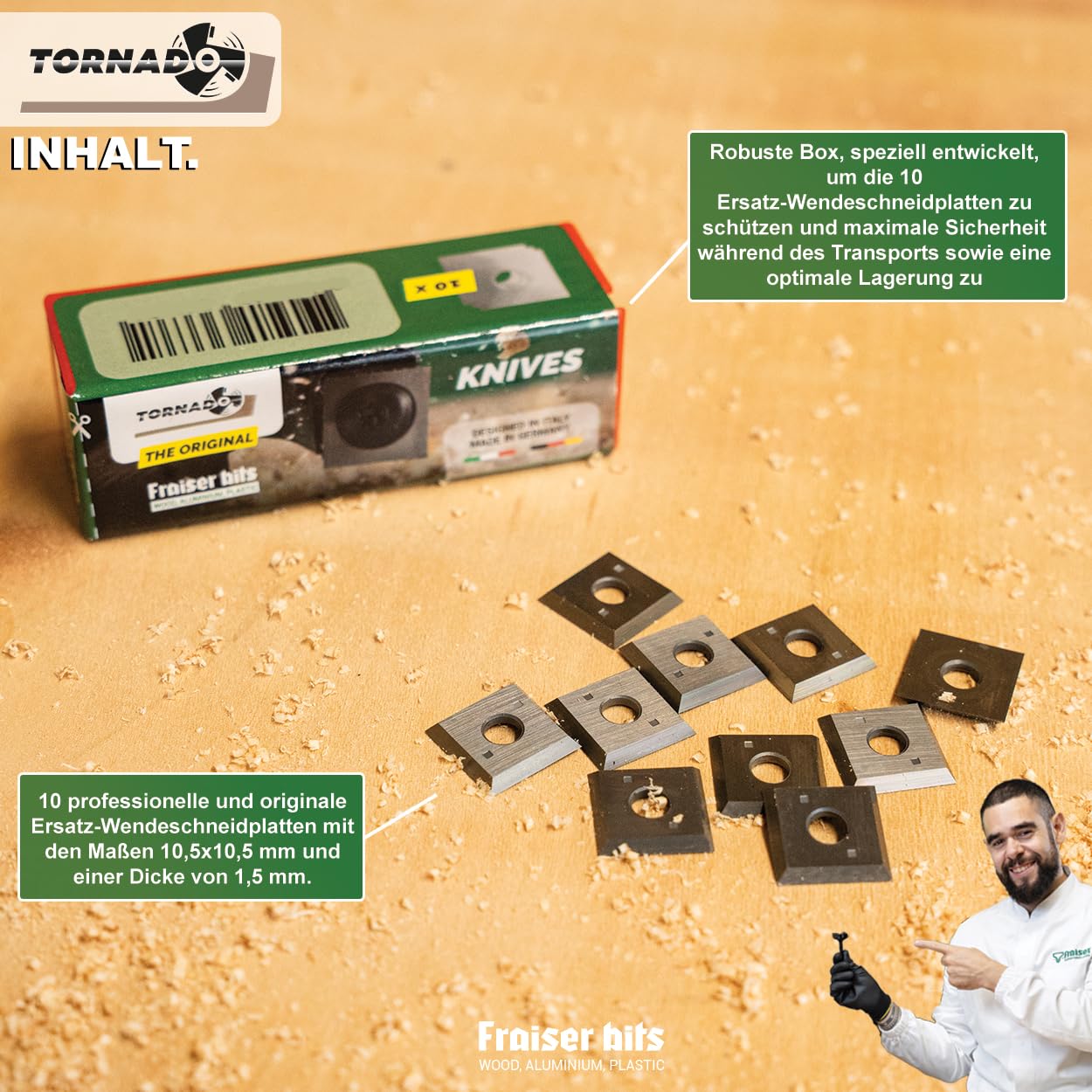 Fraiser Hartmetall-Wendeplatten (HM/Widia) für Planfräser Tornado – 10 Stück (10,5x10,5 mm)