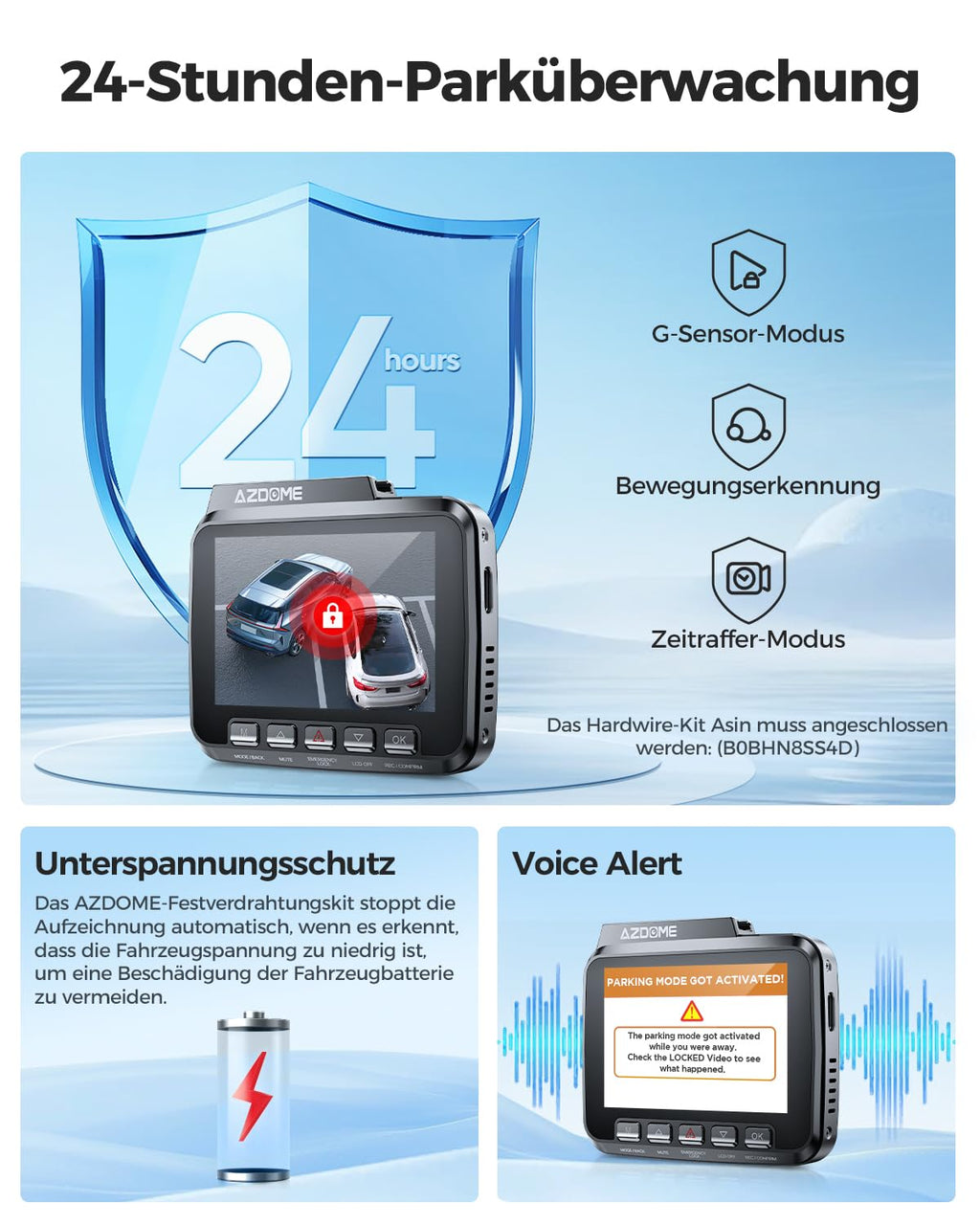 AZDOME Dashcam Auto Vorne Hinten 4K/2,5K GPS WiFi Dash Cam Auto mit Starvis, 64GB SD Karte, Auto Kamera, Parküberwachung, Super Nachtsicht, WDR, 170° Weitwinkel, G-Sensor, Loop-Aufnahme, GS63H Pro