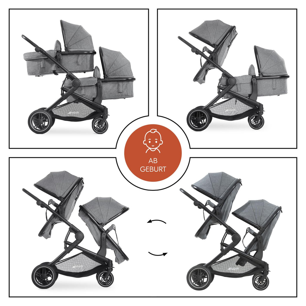 hauck Atlantic Twin, Melange Grey - Zwillingskinderwagen ab Geburt bis 15 kg je Kind - 2 Babywannen Umbaubar zu Drehbare Sportsitze mit Liegeposition - Faltbar - Höhenverstellbar - Gummi Räder