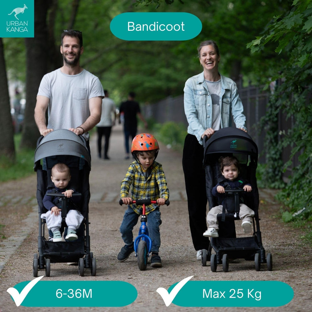 Urban Kanga Bandicoot Reisebuggy fürs Flugzeug-Handgepäck – Ultraleichter, Kompakt Zusammenklappbarer Buggy bis 22 kg mit Schultergurt & Abdeckung (Midnight Black)