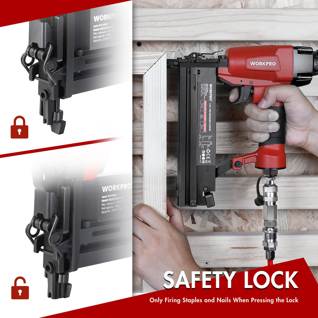 WORKPRO Druckluftnagler Drucklufttacker 2 in 1 inkl. 700 Klammern & Nagel, 9040/F50, max 7,1 bar Profi Druckluftpistole mit Sicherheitsnase für Werkstatt und Haus (Nägel bis 50mm, Klammern bis 40mm)