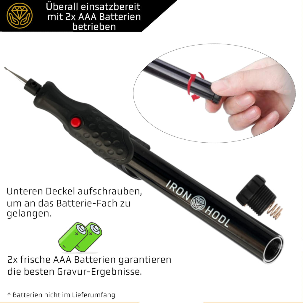 IRON HODL - Gravierstift mit Diamantspitze für Metall, Keramik, Glas gravieren - 2X AAA Batteriebetrieben - Engraving Pen Gravierstift Elektrisch für DIY Schmuck und Schloss Gravur Gerät (schwarz)