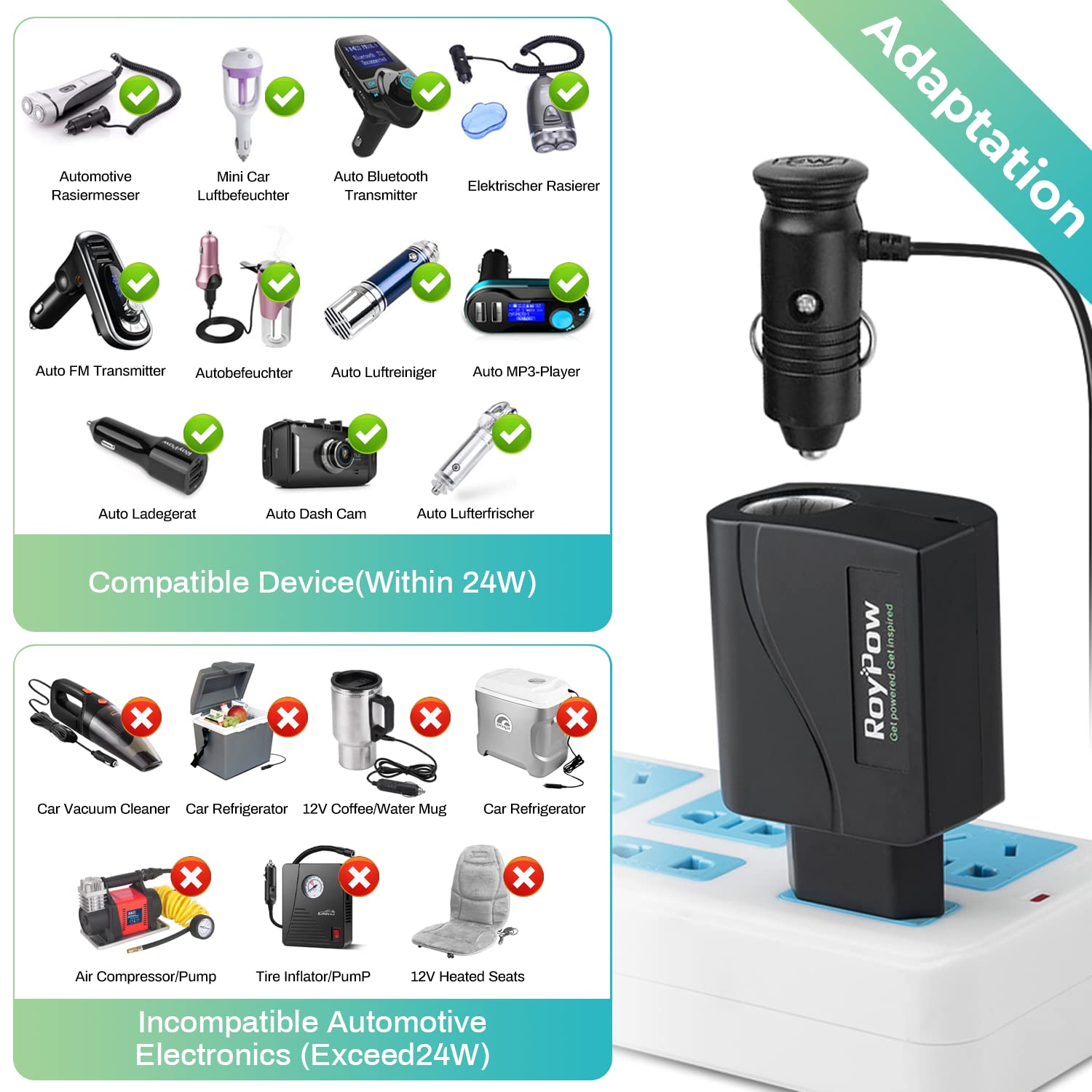 RoyPow KFZ Auto Power Supply Konverter Transformer 24W 12V2A AC zu DC Adapter 220V/240V zu 12V Auto Zigarettenanzünder Buchse