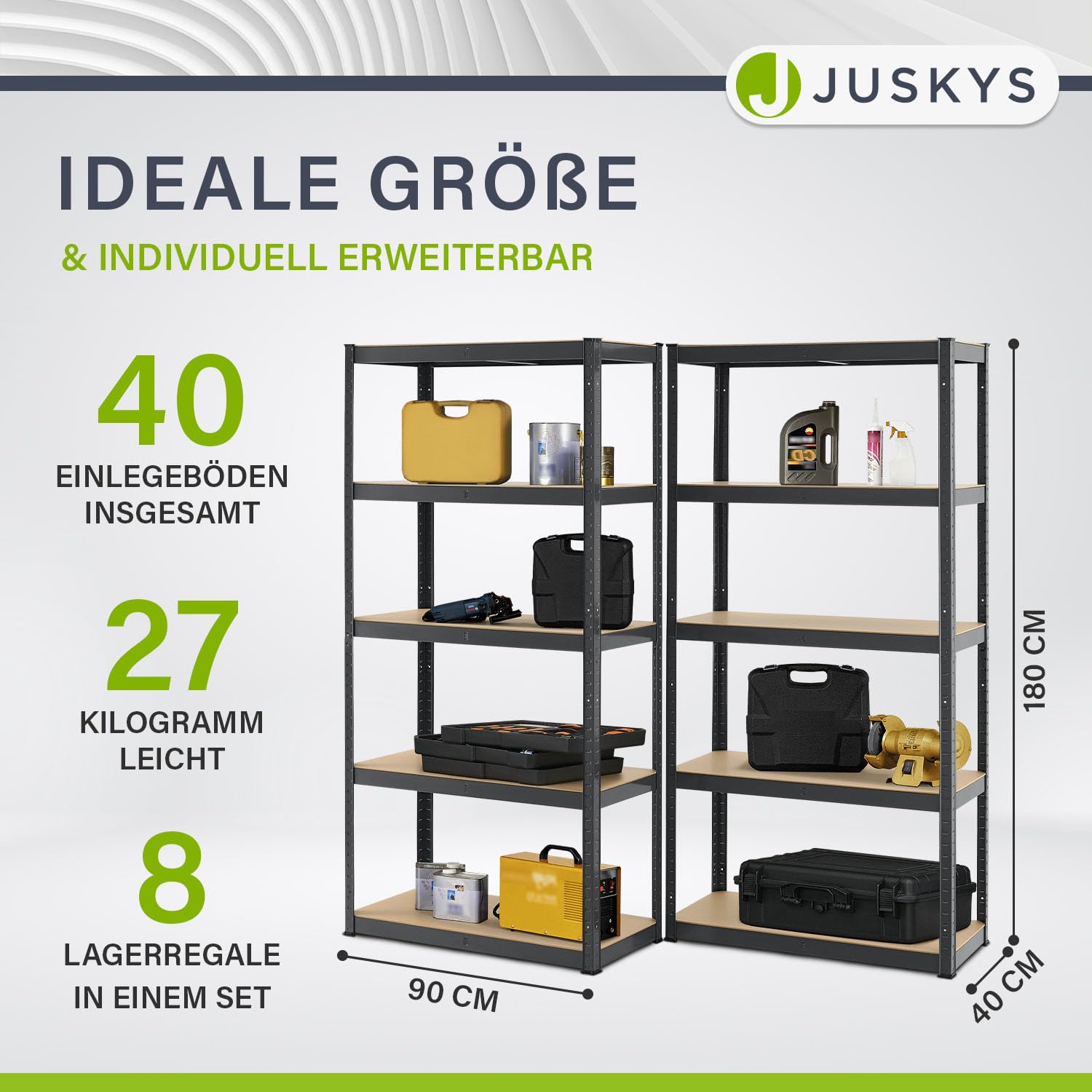Juskys 8er-Set Lagerregal Basic 8X 180x90x40cm (HxBxT) - 7000 kg - 40 Böden - Schwerlastregal Steckregal Metall Kellerregal Regalsystem Regal - Grau