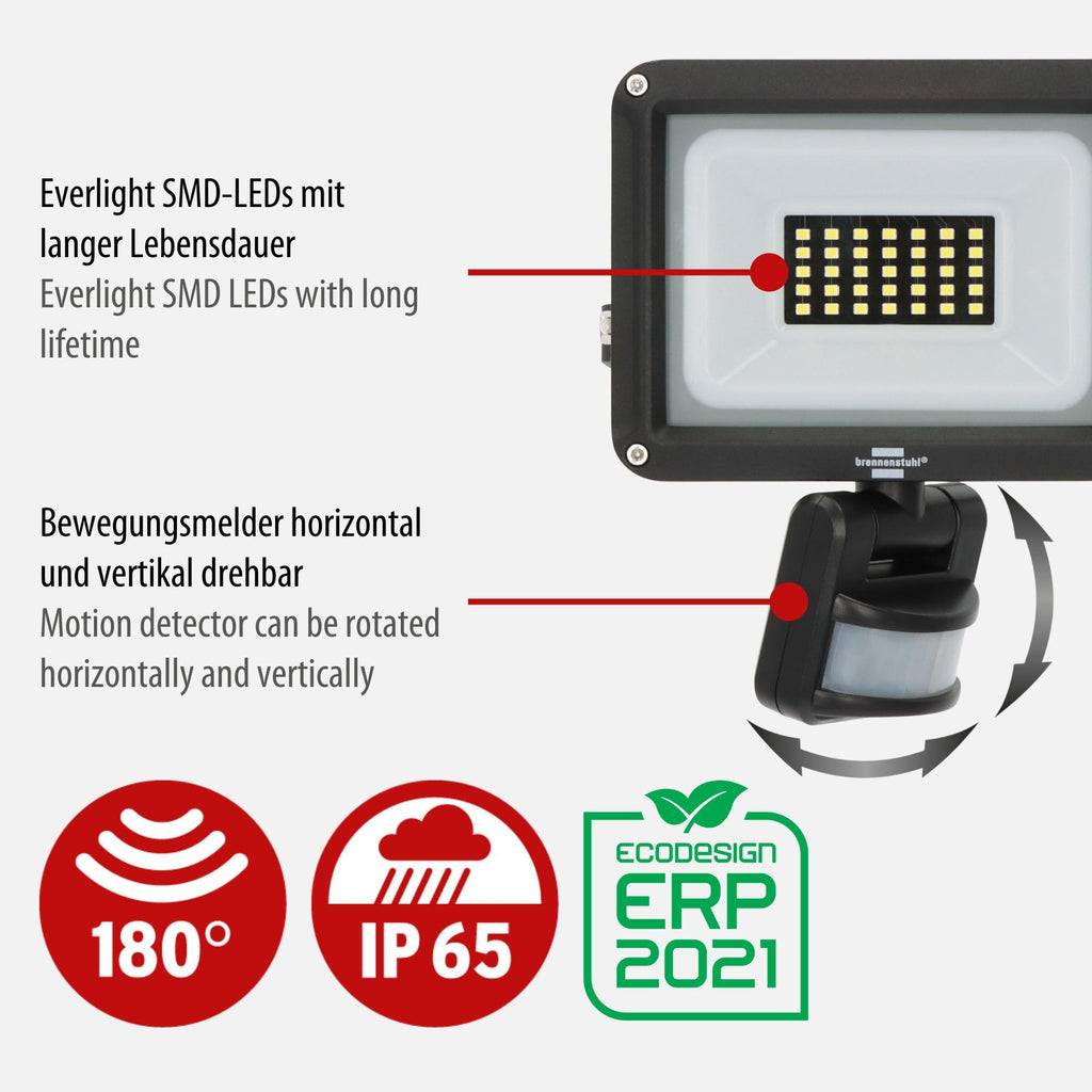 Brennenstuhl LED Strahler JARO 3060 P (LED Wandstrahler für außen IP65, 20W, 2300lm, 6500K, mit Bewegungsmelder und Dämmerungssensor)
