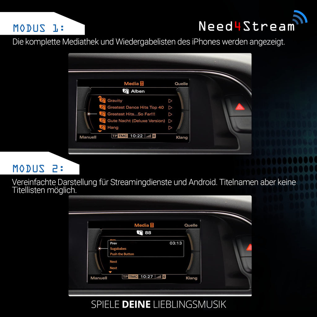Need4Stream Bluetooth Audio Interface mit Titellisten, N4S300A-2G A2DP, kompatibel mit Audi Music Interface und MMI 2G, geeignet für iPhone und Android Smartphone