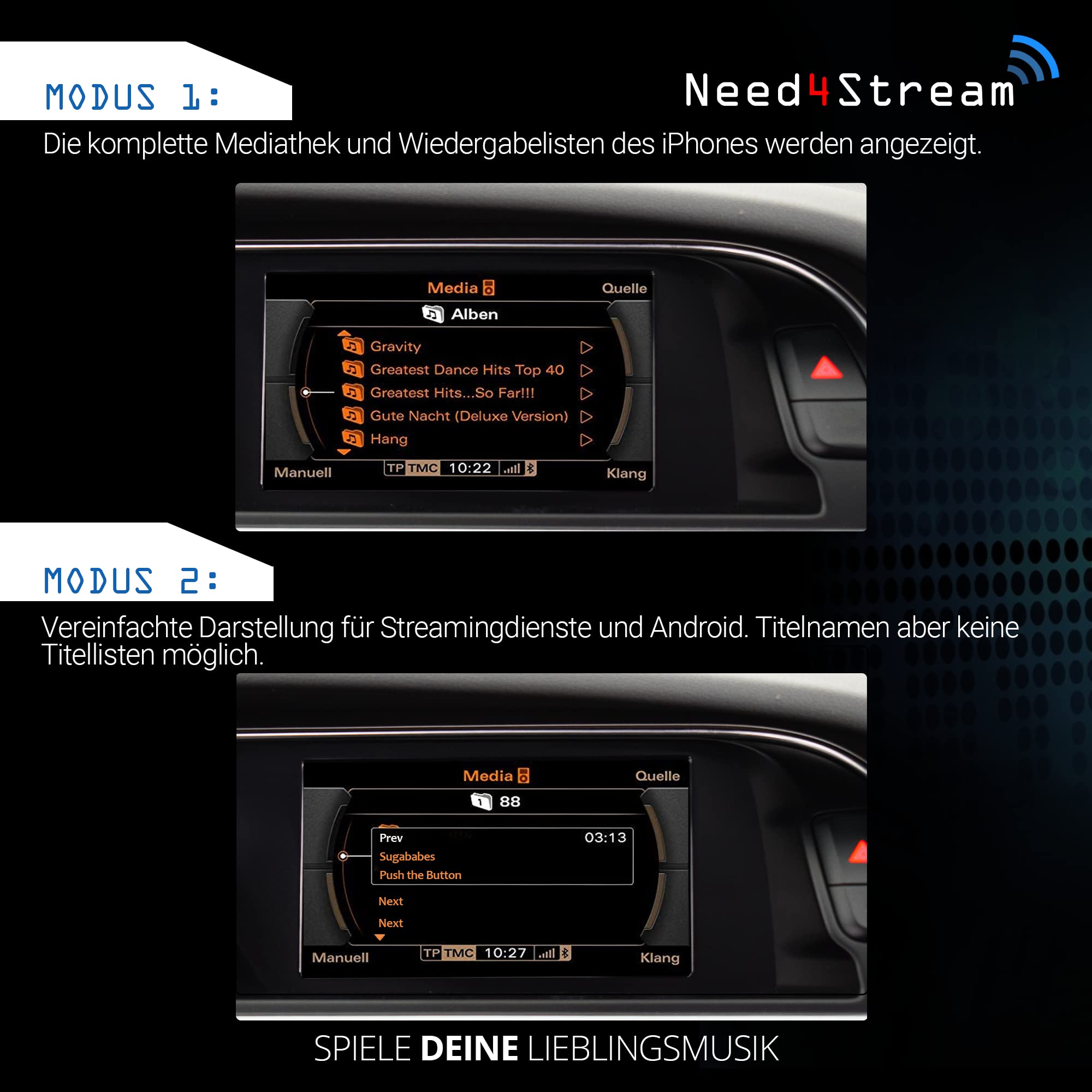Need4Stream Bluetooth Audio Interface mit Titellisten, N4S300A-2G A2DP, kompatibel mit Audi Music Interface und MMI 2G, geeignet für iPhone und Android Smartphone