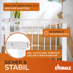 Treppenschutzgitter 75-84 cm, ohne Bohren, Türschutzgitter für Kinder, Hunde und Katzen, mit Auto-Close & Keep-Open Funktion, Treppengitter weiß