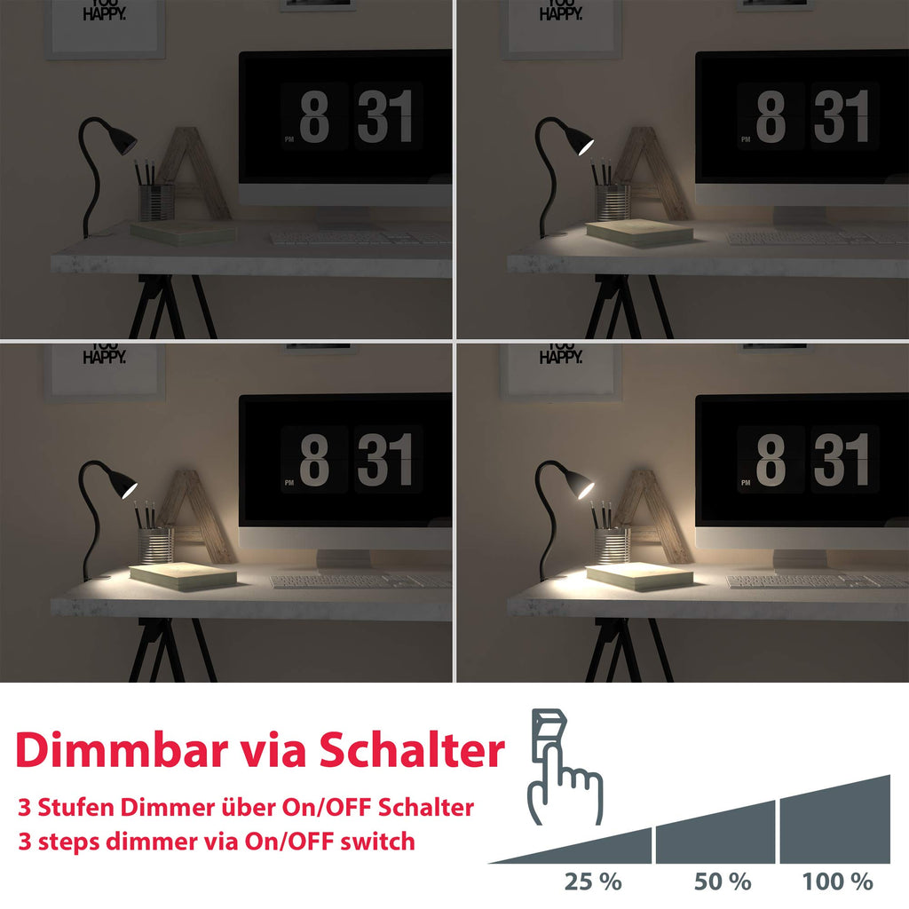 B.K.Licht - Schreibtischlampe mit Kabelschalter, dimmbar in Stufen, schwenkbar, Tischlampe, Klemmleuchte, Tischleuchte, Bürolampe, Leselampe, Leselicht, Klemmlampe, 60x5,5 cm, Schwarz