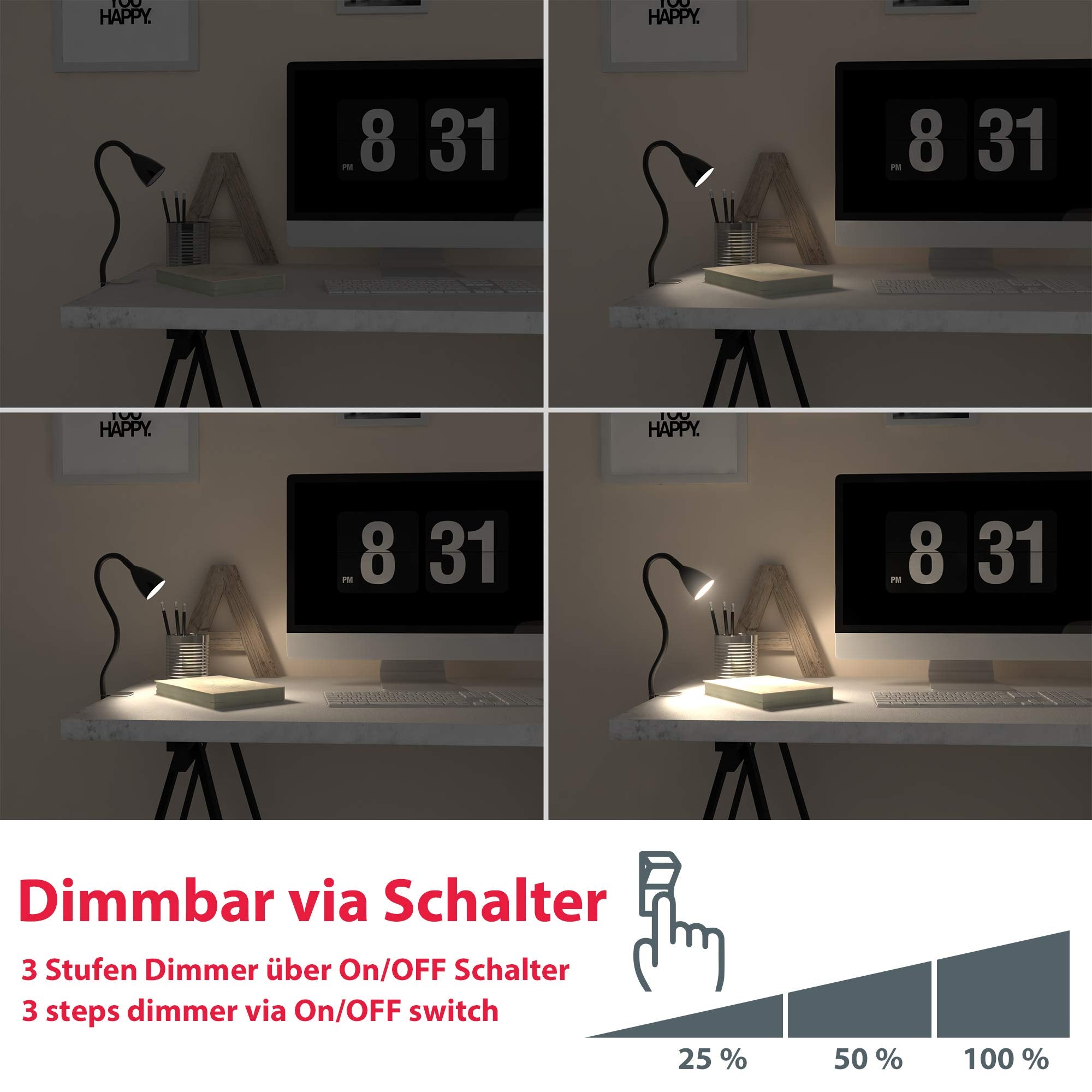 B.K.Licht - Schreibtischlampe mit Kabelschalter, dimmbar in Stufen, schwenkbar, Tischlampe, Klemmleuchte, Tischleuchte, Bürolampe, Leselampe, Leselicht, Klemmlampe, 60x5,5 cm, Schwarz