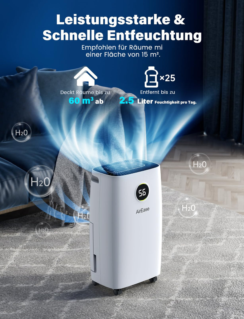 Luftentfeuchter Elektrisch, Auto Raumentfeuchter Elektrisch 25m²/122m³,Dehumidifier Entfeuchtung mit LED Display und Wasserbehälter-Vollanzeige, Gegen Feuchtigkeit, Filter, Timer