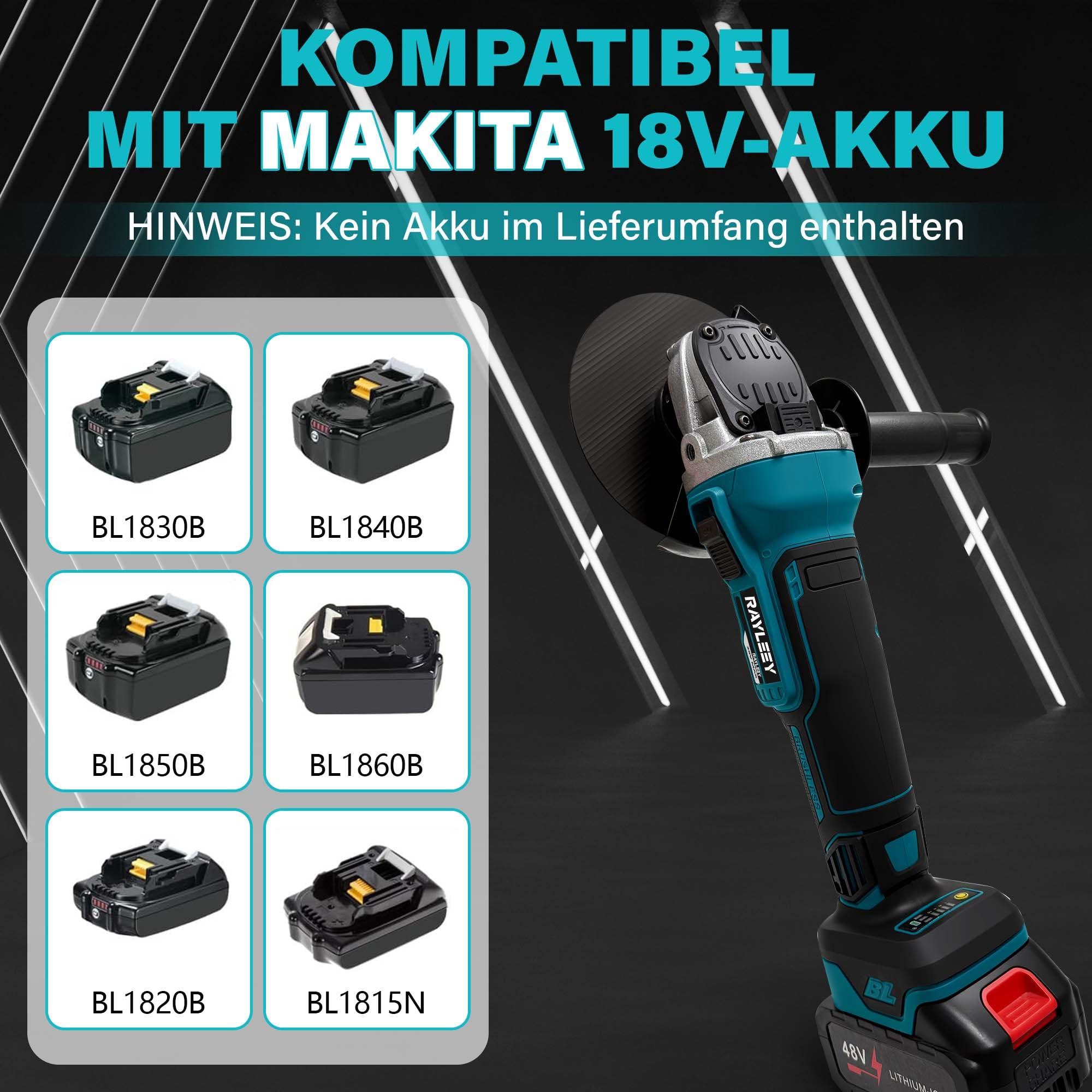Akku Winkelschleifer 125mm für Makita 18V Akku (Ohne Akku), 8500U/min, Bürstenloser Profi-Schleifer 4-stufige Regelung, Kabellos Schleifer mit Zusatzhandgriff für Trennen, Schleifen & Bürsten