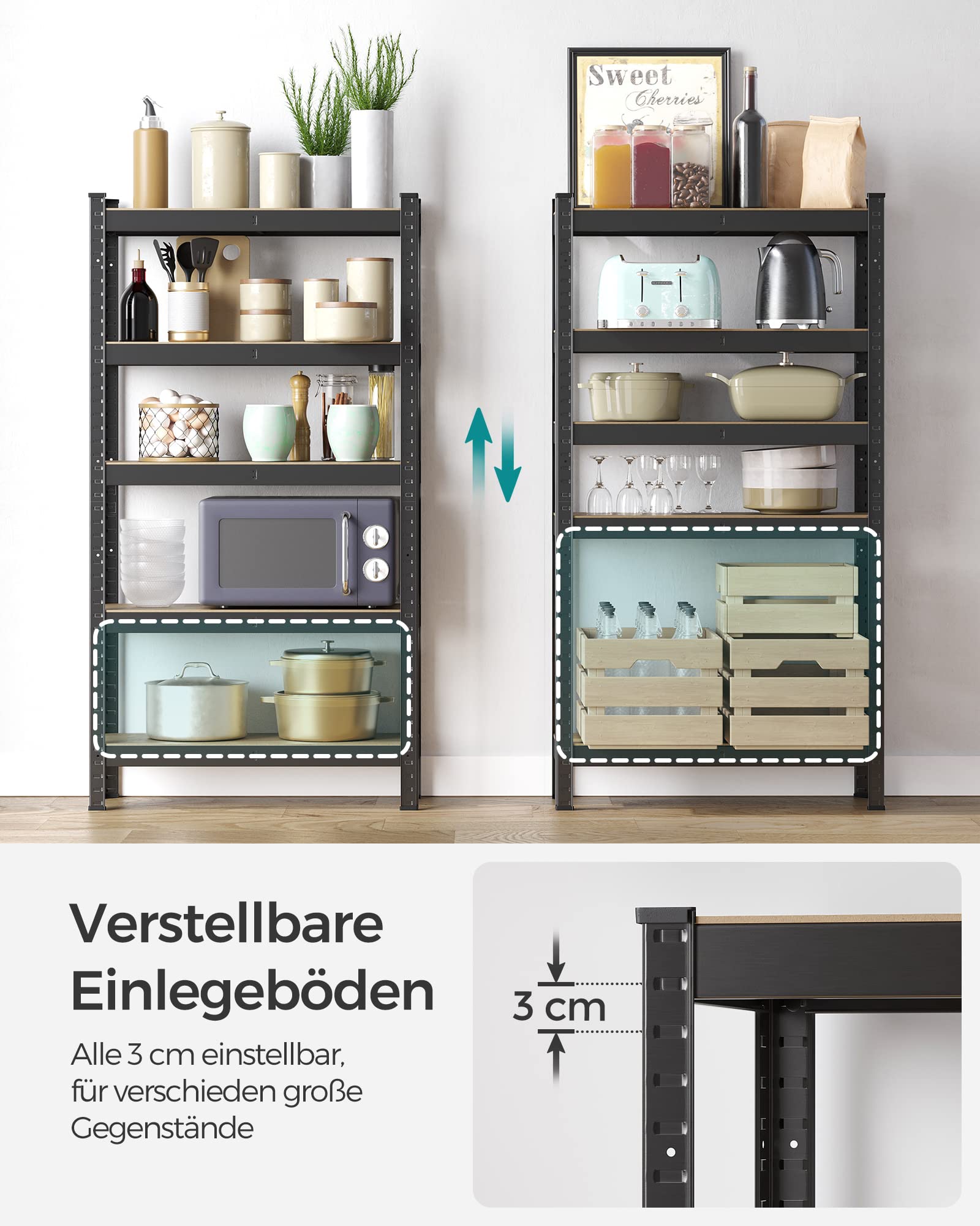 SONGMICS Schwerlastregal, Kellerregal, Lagerregal, 30 x 75 x 150 cm, Regal mit Stahlgestell, bis 650 kg belastbar, 5 verstellbare Ablagen, schwarz GLR030B21