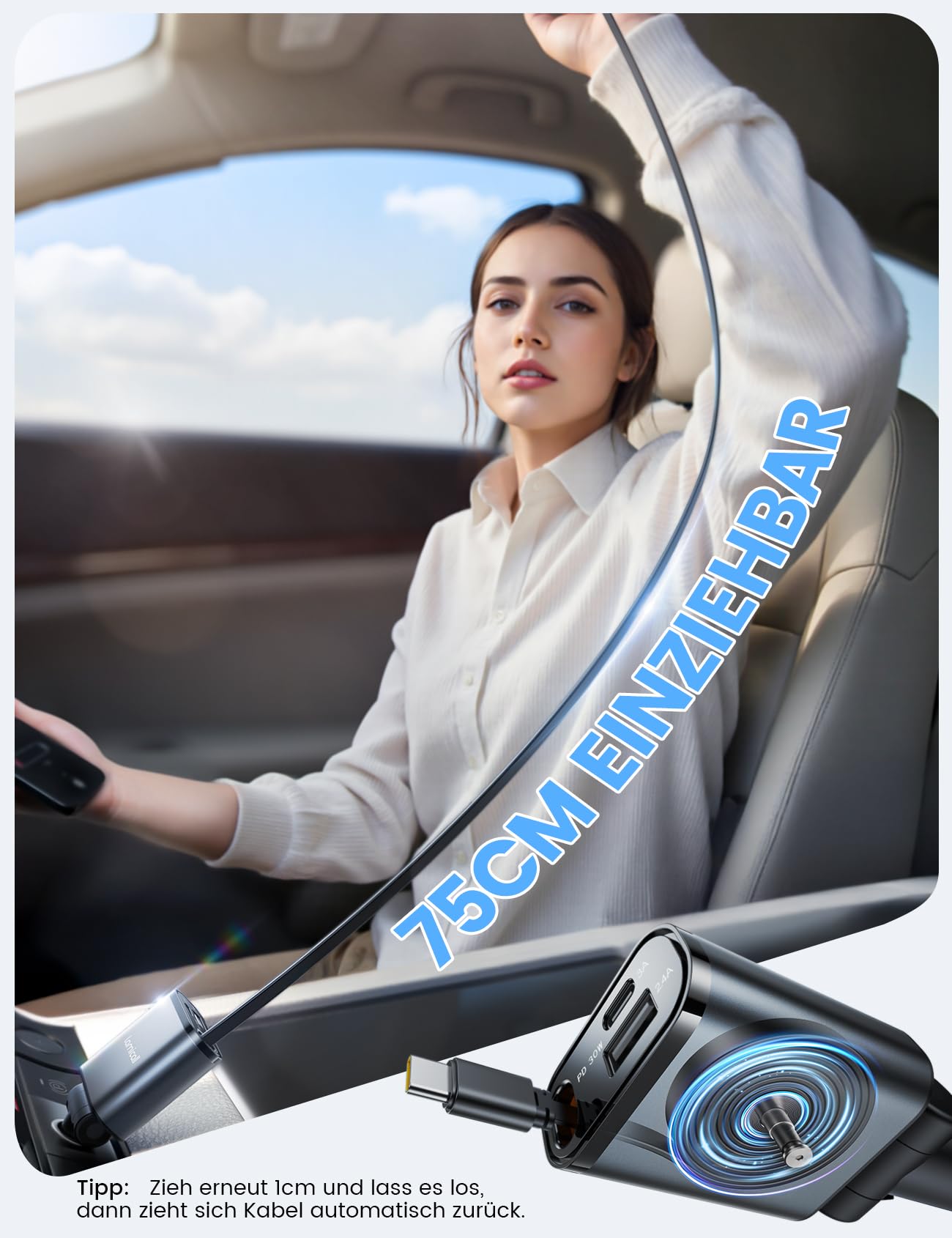 Lamicall 3 IN 1 Zigarettenanzünder USB C Auto Ladegerät -【2026 Super Kompakt】50W USB Adapter Auto Schnellladegerät mit einziehbare Typ-C Kabel/USB C/USB A, 24/12V KFZ Ladegerät Auto für iPhone/Samsung