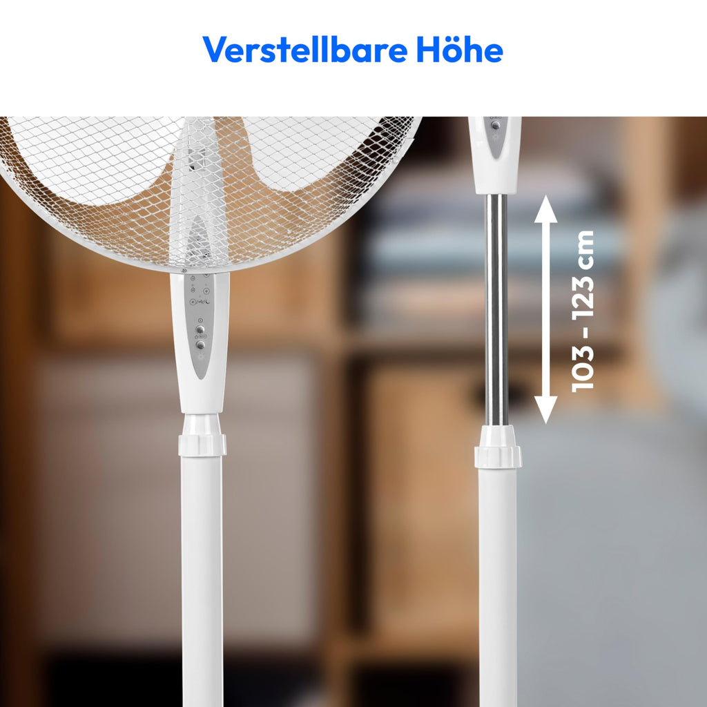 MEDION Standventilator mit Fernbedienung, drei Geschwindigkeitsstufen, 45 Watt Leistung, 36 cm, Schwenkfunktion, Oszillation, verstellbare Höhe, MD18795, weiß
