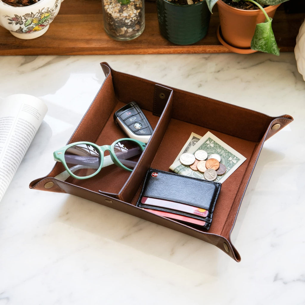 Londo Leder Taschenleerer - Vide Poche - Ledertablett Organizer, Praktische Aufbewahrungsbox - für Geldbörsen, Uhren, Schlüssel, Münzen, Handys und Büroausstattung