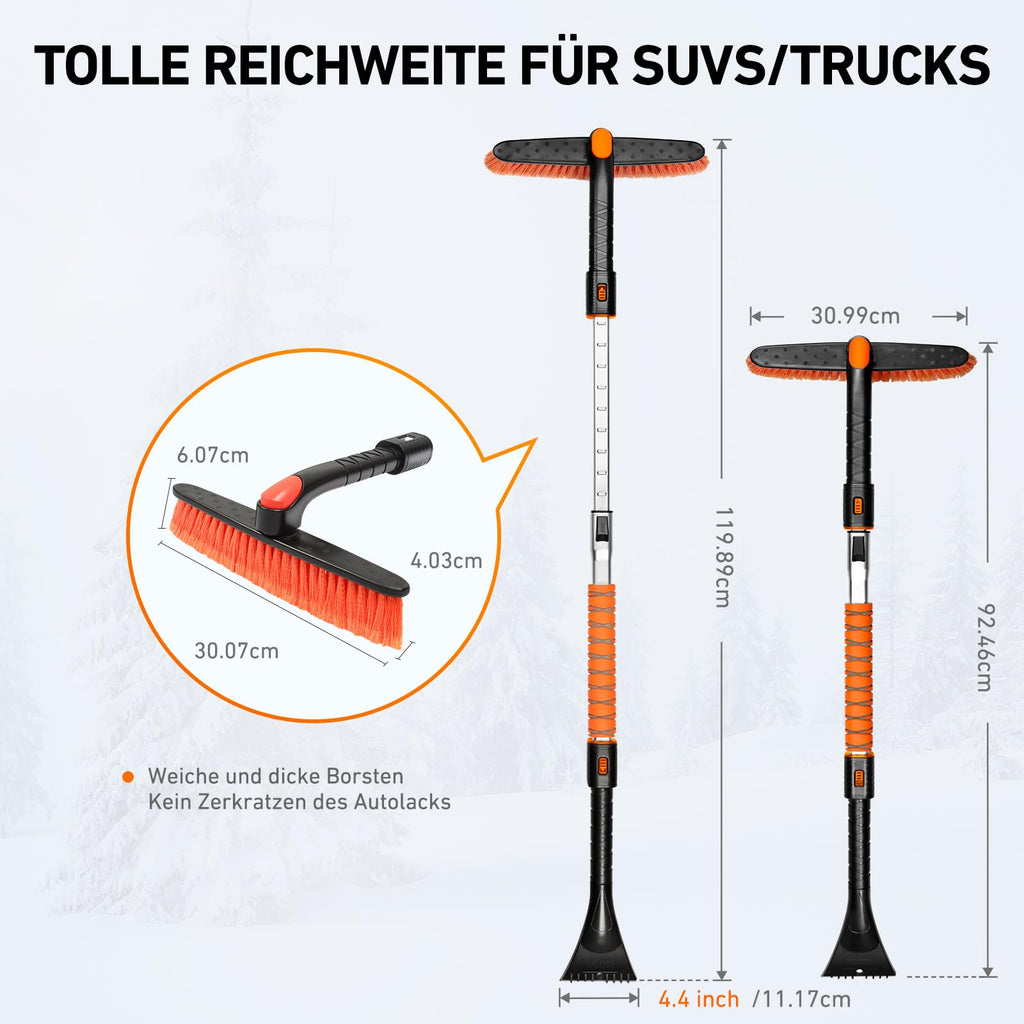 AstroAI Eiskratzer Auto mit Besen 120CM Lang Ausziehbarer Schneebesen Abnehmbarer Eisschaber mit Schaumstoffgriff & 360 ° Drehbarer Bürstenkopf für Auto LKW PKW SUV