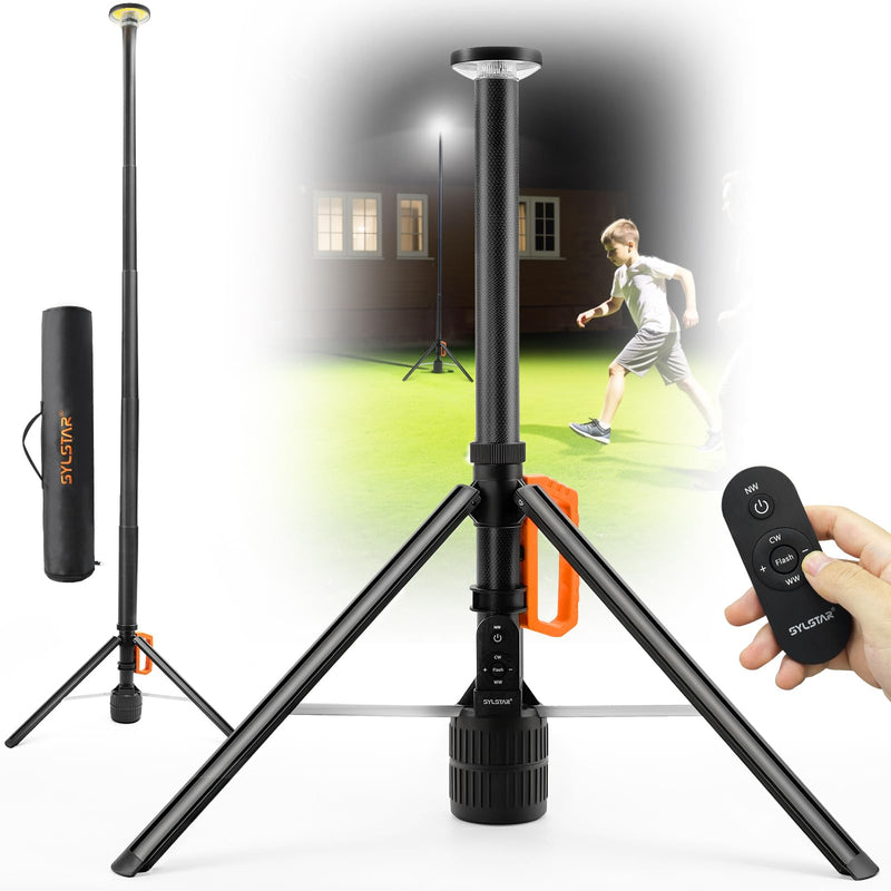 SYLSTAR Baustrahler LED mit Stativ, Akku Strahler mit Fernbedienung &Teleskopständer (2.65M), 3000LM Ultra Bright, 3CCT Dimmbar, 6000mAh Batterie Baustellenlampe für Werkstatt Sport Camping Notfälle
