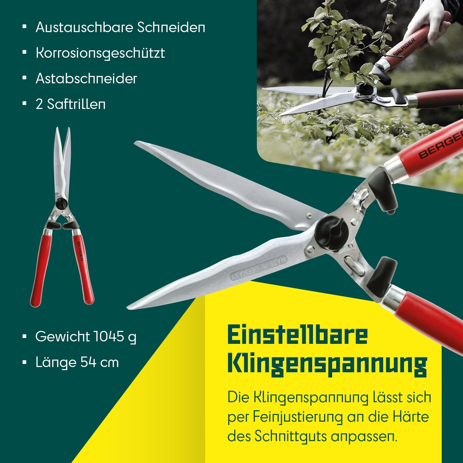 BERGER-Tools Heckenschere Komfort 4590 mit Wellenschliff und Anschlagdämpfer, Länge 54 cm, Rot, Heckenschere Komfort mit Wellenschliff 540mm