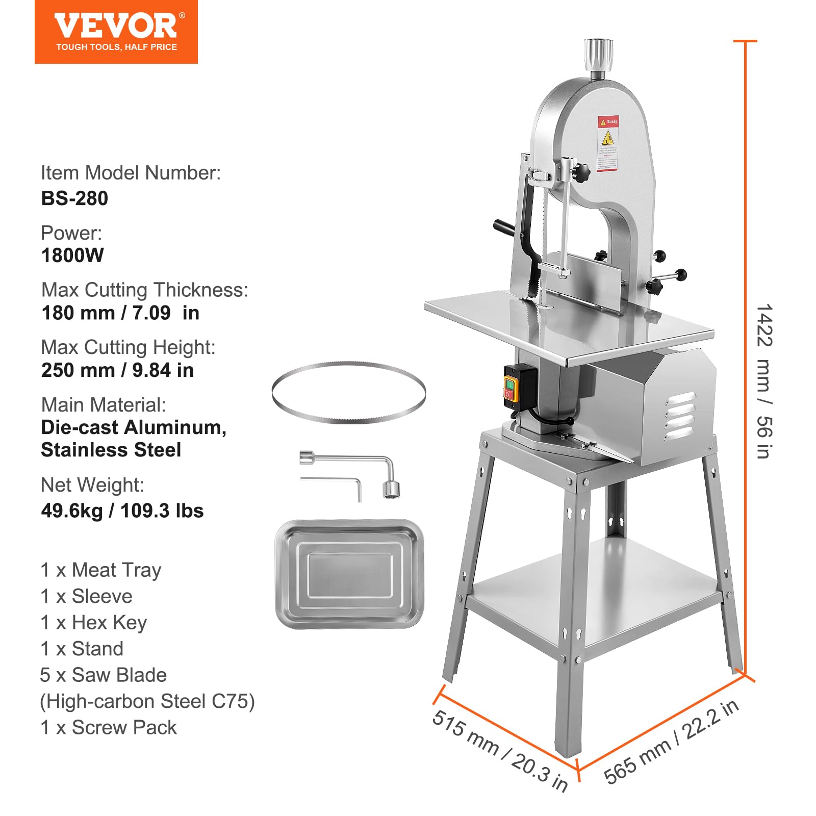 VEVOR Kommerzielle elektrische Fleischbandsäge Knochenschneidemaschine, 1800 W vertikale Knochensäge, 380 x 485 mm Werkbank, Gefrierfleischschneider mit Klinge für Rippchen, Schweinefleisch