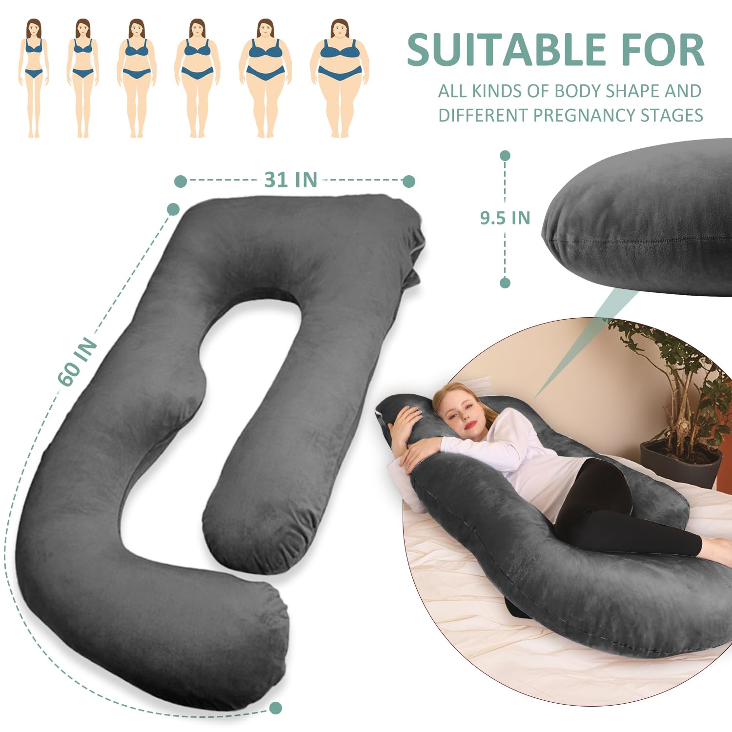 Chilling Home Schwangerschaftskissen J Form, Seitenschläferkissen mit Bezug J Kissen Stillkissen Groß Lagerungskissen, Kissen für Frauen und Seitenschläfer（Helles Schwarz,Samt）